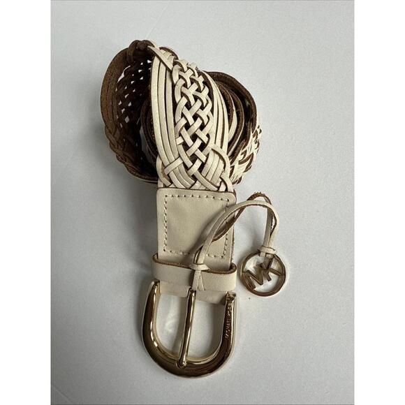 Michael Kors Wide Belt Small Ivory Woven Leather Gold Buckle MK Logo - Picture 1 of 3